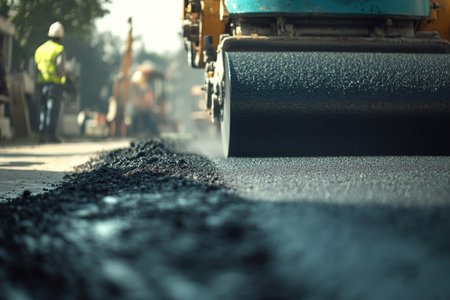 Asphalt roller compacting fresh blacktop at construction site with workers in backgroundの写真素材