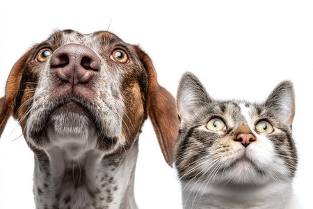 A dog and cat gazing upward together on a white background in a captivating photographの写真素材