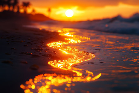Breathtaking sunset over beach with vibrant colors, gentle waves, and silhouetted palm treesの写真素材