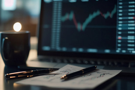 Close up of pen and paper with stock market data on office desk, blurry laptop in backgroundの写真素材