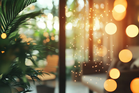 A cozy modern indoor space with dreamy bokeh lights and soft natural sunset ambianceの写真素材