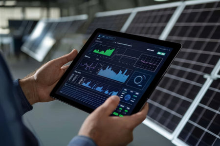 Businessman analyzing cryptocurrency dashboard on tablet in modern shop environmentの写真素材