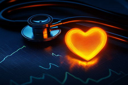 Illuminated stethoscope on ecg background symbolizes health and passion for life in medicineの写真素材