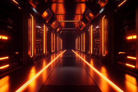 Futuristic server room rows of glowing data storage units bathed in soft orange light