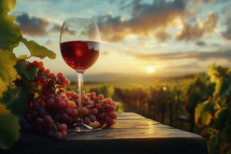 Elegant red wine glass surrounded by grapes on wooden table with vineyard sunset backgroundの写真素材