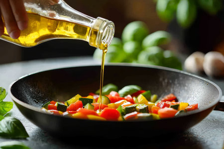 Vibrant vegetables saut ed in a wok with fresh basil, captured in a close up cooking sceneの写真素材