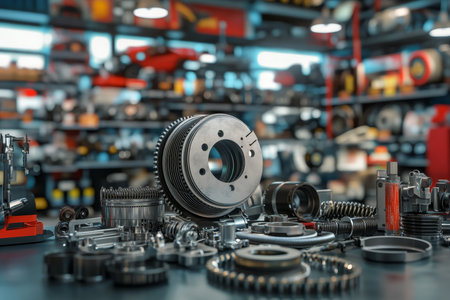 Close up 3d rendering of auto parts on table in shopping center gears, brake components, and moreの写真素材