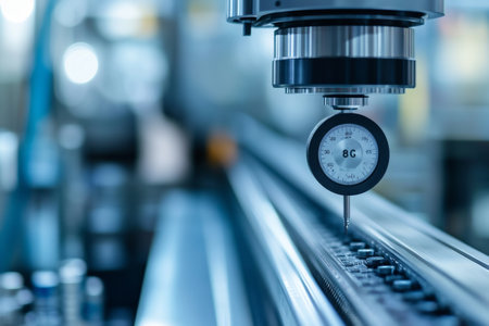 Close up of cnc machine vertical gauge with data and chips in background for quality control processの写真素材