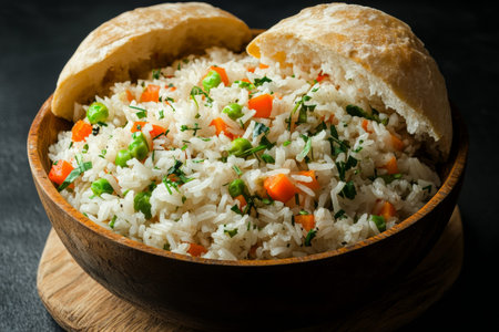 Close up of vegetable fried rice with herbs in a bowl against a dark background for menu designの写真素材