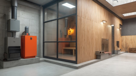 Modern heating boiler house with orange and gray design surrounded by concrete and wood panelingの写真素材