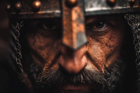 Close up of an ancient medieval warrior with beard and helmet in dramatic cinematic lightingの写真素材