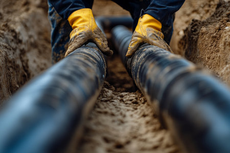 Worker installing black plastic pipes for water and gas delivery in a trench with gloved handsの写真素材