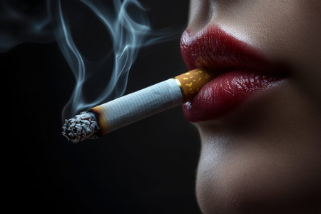 Close up of a woman smoking a cigarette against black background for anti smoking campaigns