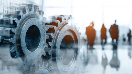 Double exposure of gears and machinery combined with business professionals in an office settingの写真素材