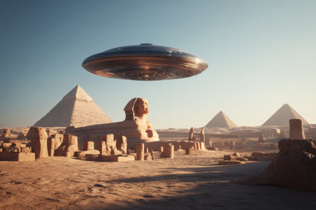 A transparent saucer hovers over giza pyramids with the sphinx in a desert landscape under daylightの写真素材