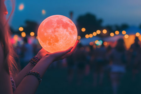 Close up of woman's hand cradling a glowing pink moon amidst a blurred festival crowdの写真素材