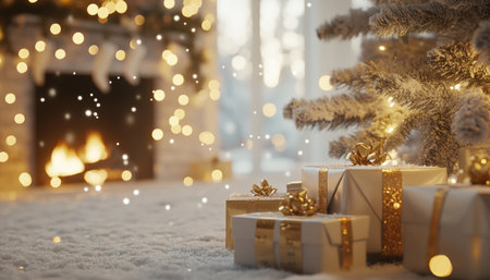 Beautiful christmas scene with presents, fireplace, falling snow, golden lights, and white paletteの写真素材