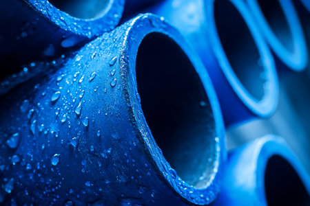 Close up of blue water pipes and main features at industrial park entrance with copy spaceの写真素材