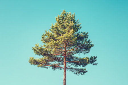 A retro style photograph showcasing a solitary pine tree under a bright blue sky backdropの写真素材