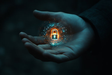 Businessman holding a glowing hologram of a lock symbol, representing futuristic security technologyの写真素材