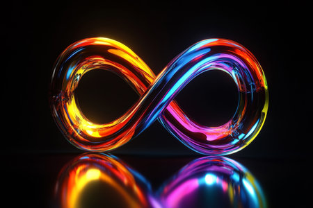 Vibrant 3d infinity symbol render with light effects and glossy glass texture on dark backgroundの写真素材