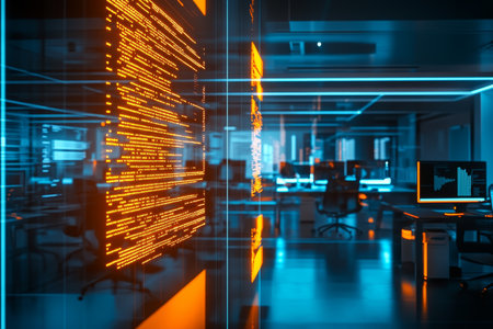 Futuristic office interior with orange neon lights, glass walls, and high tech workstationsの写真素材