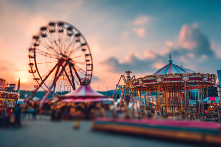 Stunning sunset at amusement park blurred ferris wheel and carousels create vintage carnival sceneの写真素材