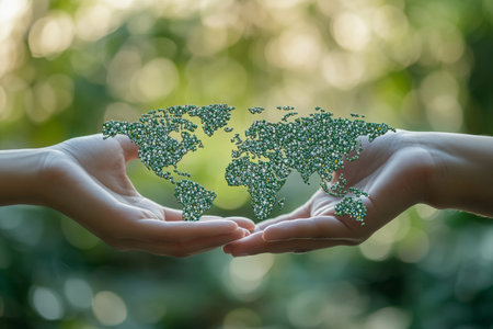 Global hand holding icons for social media and ecology on a blurred green backgroundの写真素材