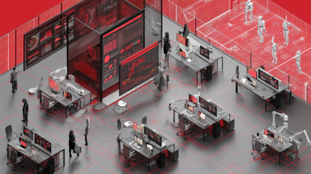 Futuristic office scene robotic innovation and business synergy under red lightsの写真素材