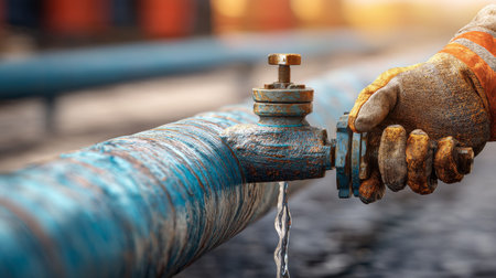 Worker in gloves adjusts spigot on blue oil and gas pipeline with blurred orange background