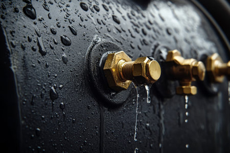 Close up of a domestic water heating boiler with brass fittings and soft lighting effects