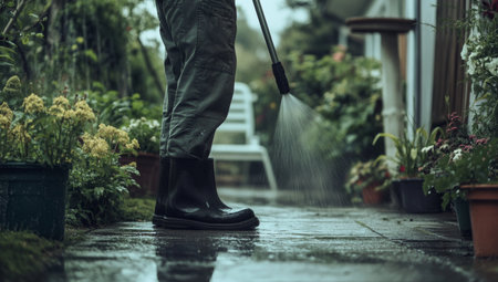 Man cleans garden pavement with high powered hose on sunny day surrounded by lush plants and flowersの写真素材
