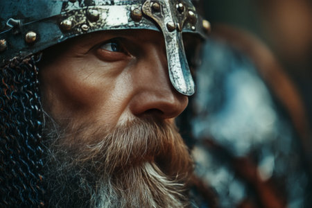 Close up portrait of a bearded medieval warrior with helmet in soft focus and cinematic lighting