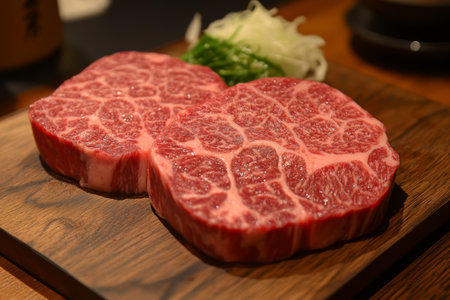 Close up of two raw ribeye steaks on a wooden board showcase of premium wagyu beef qualityの写真素材