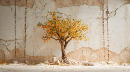 Abstract artwork featuring an orange tree, broken chains, and a cracked wall representing freedom.の写真素材