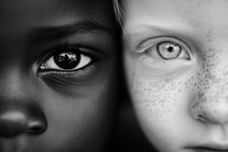 Captivating black and white portrait of two children s eyes, one dark brown and one albinoの写真素材