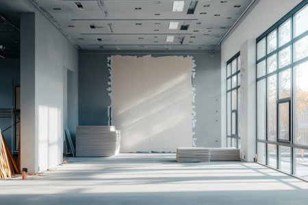 Modern unfinished room with large windows and ceiling lights, featuring stacked drywall and toolsの写真素材