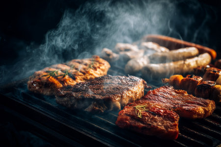Delicious assortment of grilled meats on electric grill with smoky atmosphere and text spaceの写真素材