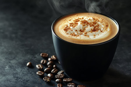 Close up of steaming cappuccino with coffee beans on dark background for beverage promotion