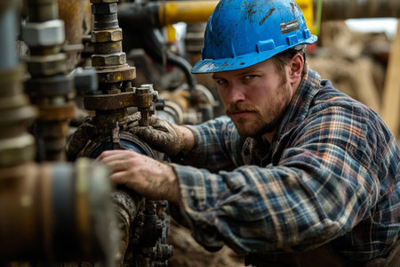 Skilled technician engaged in complex water system installation, showcasing expertise and confidenceの写真素材