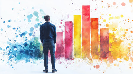 Man observing a colorful watercolor bar graph illustration, symbolizing business growth insightsの写真素材