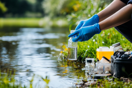 Female scientist collects water samples for environmental testing in a natural park settingの写真素材