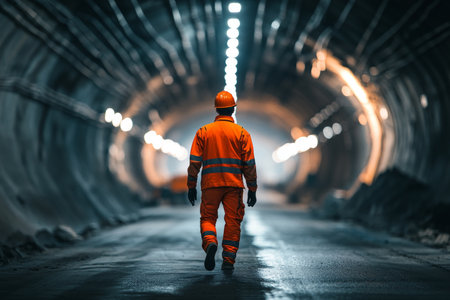 Construction worker in orange uniform navigating a well lit underground tunnel aloneの写真素材