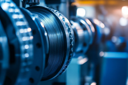 Industrial banner featuring aluminum cylinder spool in production line with bokeh effectの写真素材