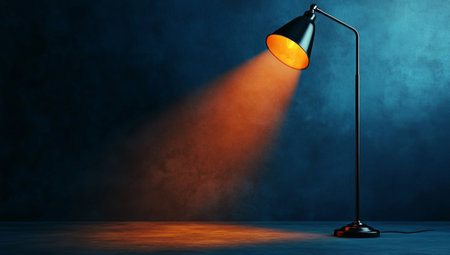 Illuminated creativity black floor lamp casting orange spotlight in a dark blue room designの写真素材