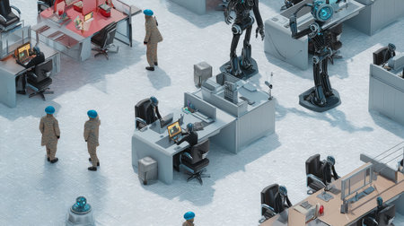 Futuristic office with robots and professionals in black suits engaging in business discussionsの写真素材