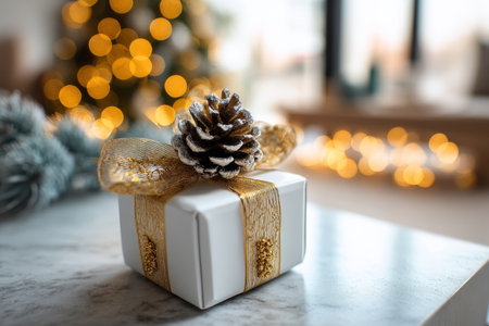 Elegant white gift box with gold ribbon and pine cone decor on table near a blurred christmas treeの写真素材