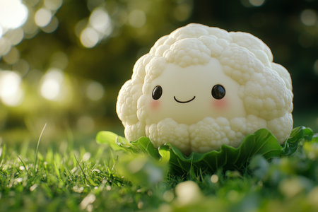 Charming kawaii cauliflower figurine with adorable eyes on green grass in oshare kei aestheticの写真素材