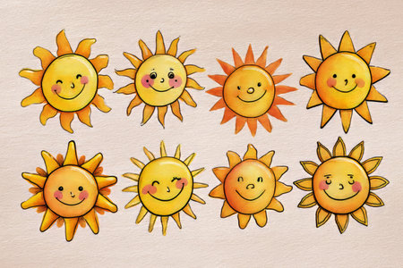 Set of hand drawn yellow sun icons with smiling faces on white backgroundの写真素材