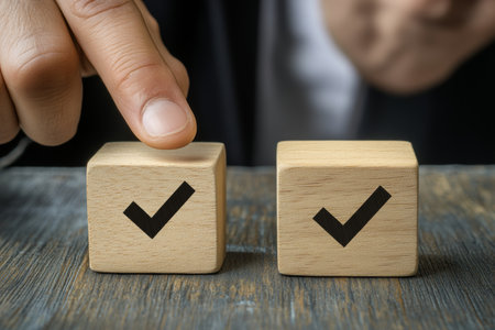 Businessman pointing to wooden block with plus sign, symbolizing success and growth in businessの写真素材